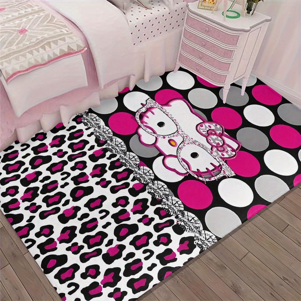 Cute Hello Kitty Fashion Leopard Area Rug, Sanrio Themed Floor Carpet, Anti-Slip Home Decoration Mat