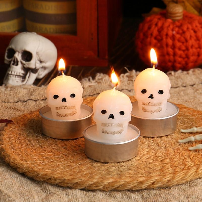 Set of 3 Halloween Themed Candle Ornaments Funny Black Cats Skull Pumpkin Witches Shape Candle for Home and Party Decors