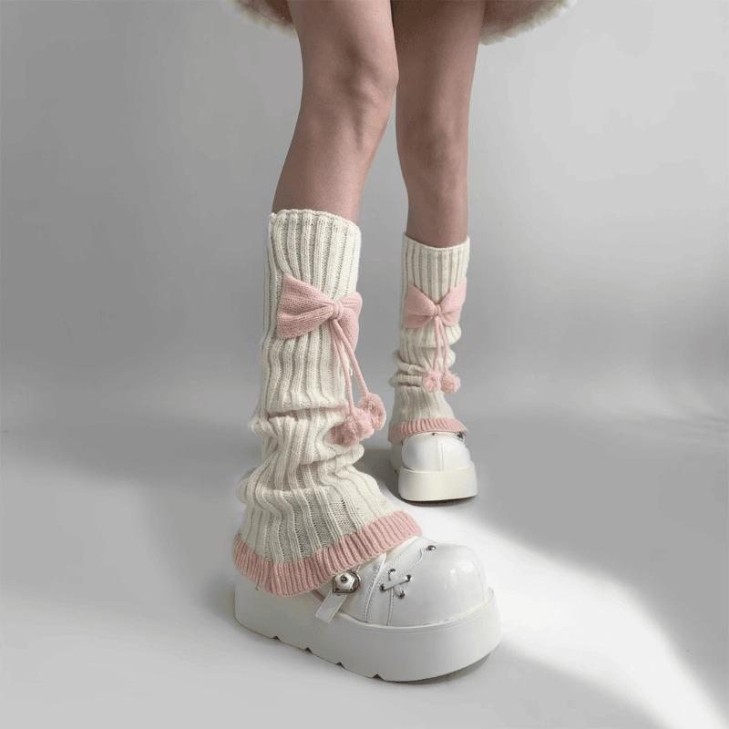 Sweet Autumn and Winter Pom-pom Lace Contrasting Color Sock, Jk Girl Pink Bow Leg Cover, Dui Dui Sock