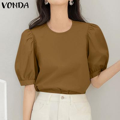 Damen Sommer Casual Rundhals Puff Kurzarm Einfarbig Lose Bluse
