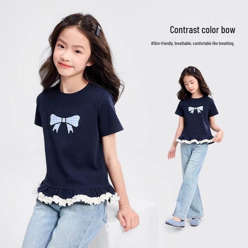Girls  Ruffle Edge Bow Short Sleeve T-Shirt 150