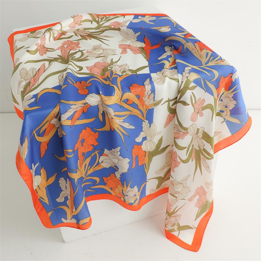 New 71cm Premium Flower Small Square Scarf Spring and Summer Simulated Silk Printing Silk Scarf Women's Thin Scarf Sunscreen Headscarf