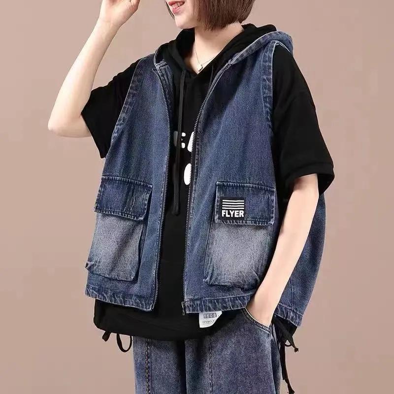 Veste en jean délavée à capuche pour femme, style littéraire, ample, sans manches, décontractée, pour le printemps