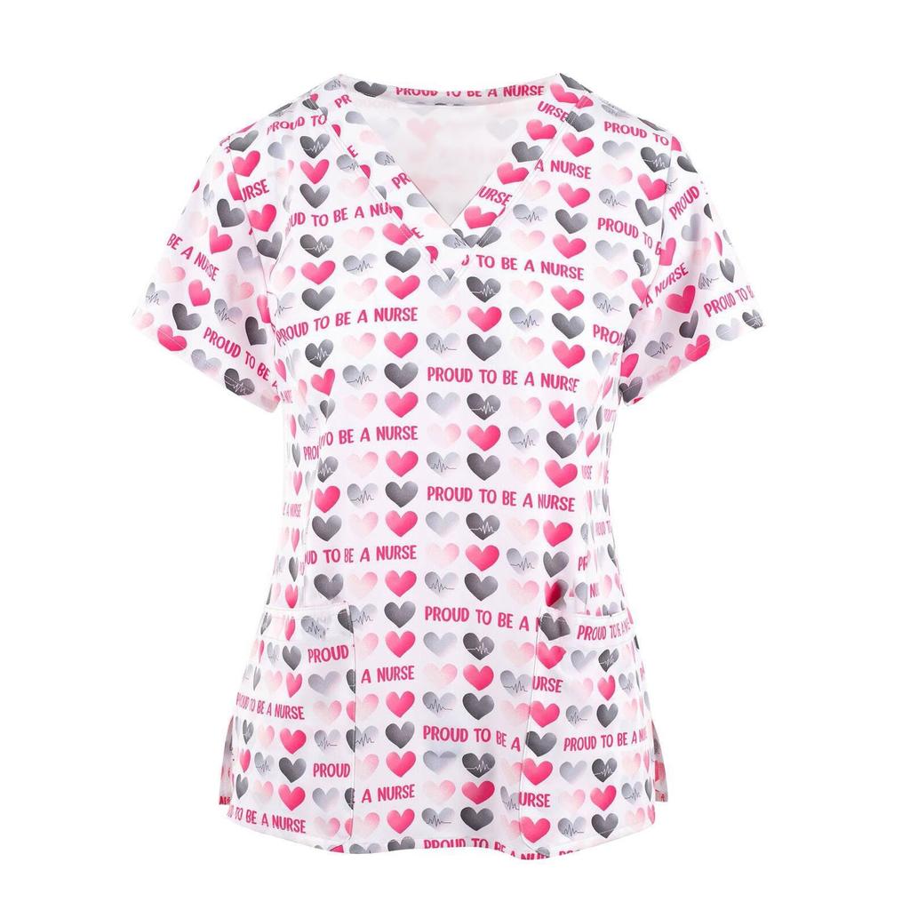 Women's Floral Print Scrub Top Short Sleeve V-Neck Medical Uniform Shirt for Nurses and Healthcare Professionals