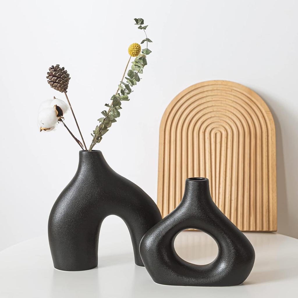 White Ceramic Vase Set of 2 for Home Decor, Round Matte Donut Vases for Pampas Grass, Nordic Style Flower Vases for Living Room Table Office Bedroom