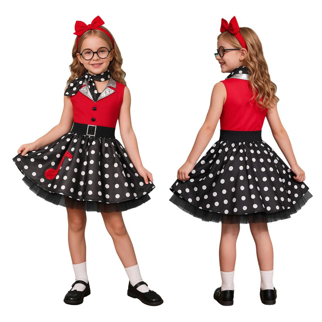 Kids Girls 50s Vintage Polka Dot Dress Metallic Lapel Collar Sleeveless with Neck Scarf for Retro Birthday Halloween Theme Party