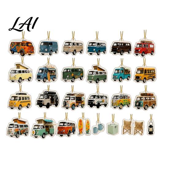 Holiday Home Decorations 24-Day Camping Van Advent Calendar Retro Acrylic Hanging Ornament Set with RV Countdown 24 Unique Designs Christmas