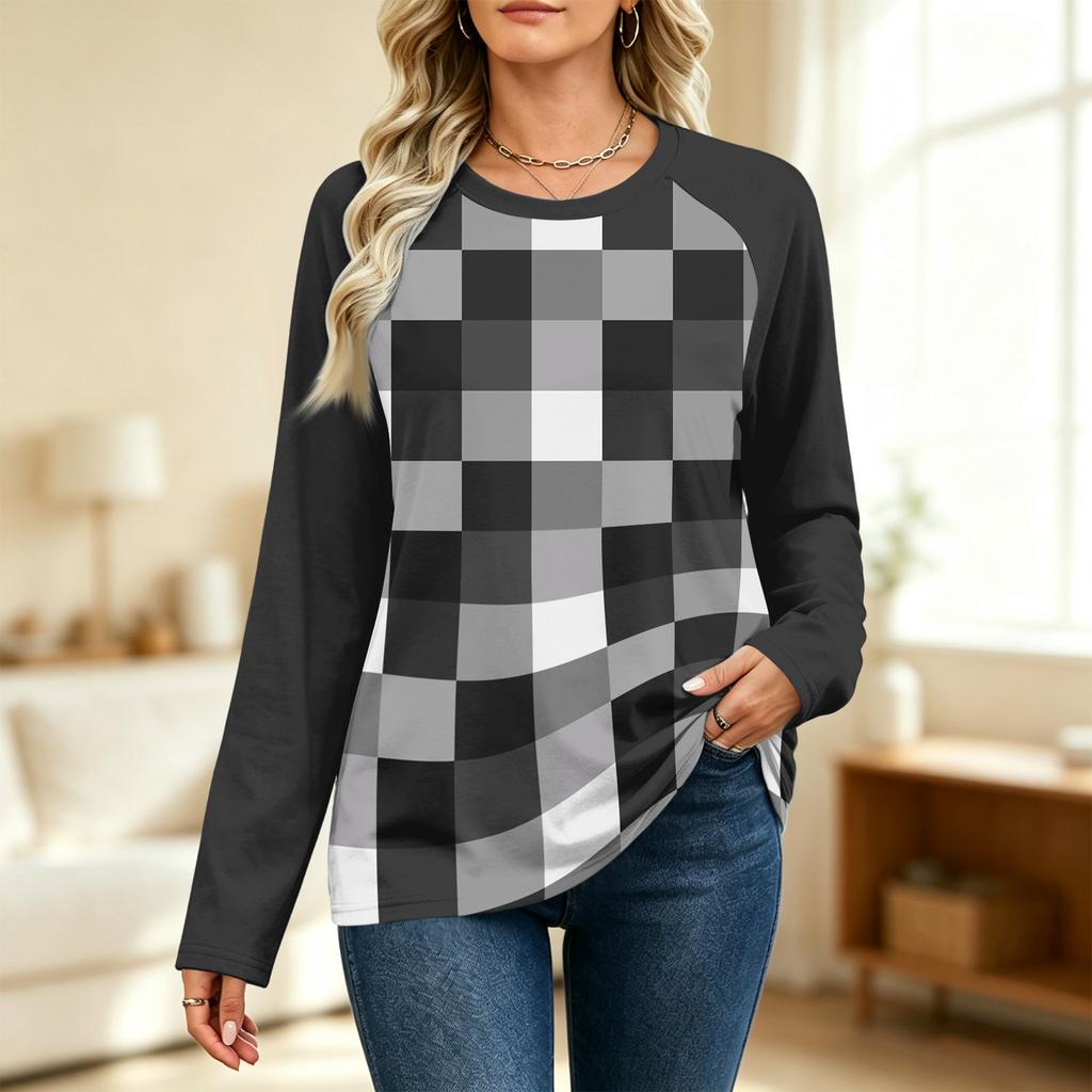 Women's Fashion Printed Long Sleeve Neck Raglan Sweatshirt with Color Block