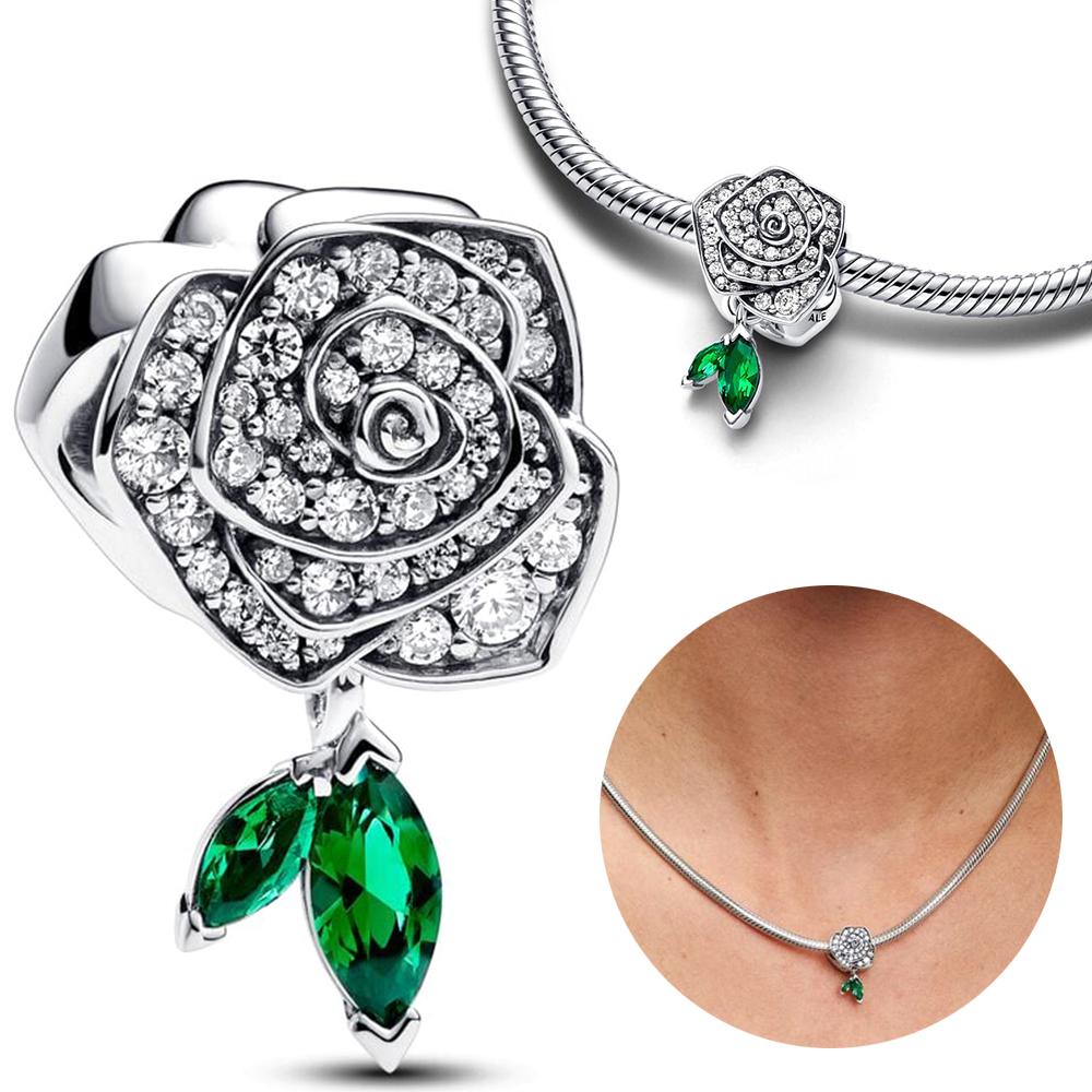 

Стерлинговое серебро S925, сверкающая роза в цвету, большой шарм, подходящий серебряный браслет S925, оригинальный браслет для изготовления ювелирных изделий