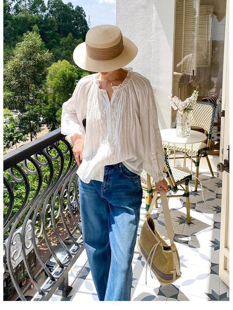 Autumn French Design Women's White Cotton Long Sleeve Shirt - Holiday Style Cardigan