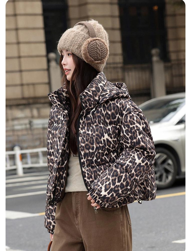 Vintage Odnímatelná Kapuce Leopardí Vzor Krátká Zimní Bunda