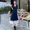 Summer French Women's Fake Two-Piece Shirt Dress V Neck Waist Slim Long Elegant Literary Dress