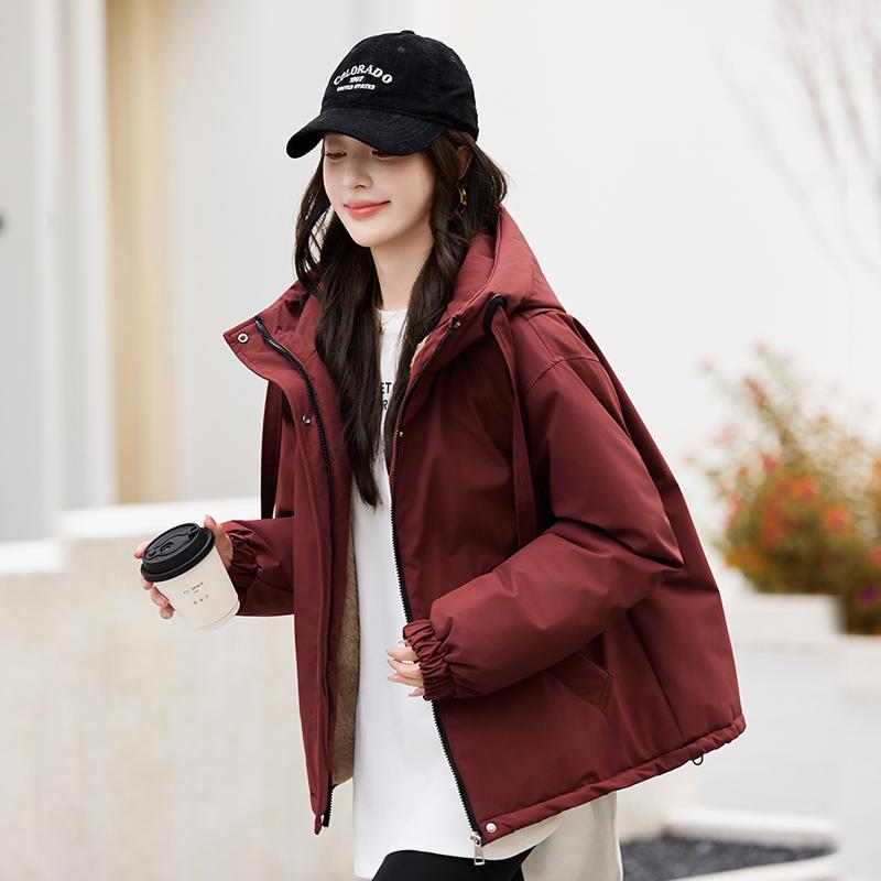 סתיו חורף מעיל פארקה חם מעובה נשים קז'ואל מתוק צבע אחיד כיס גדול מעיל רופף עם קפוצ'ון ז'קטים הלבשה עליונה