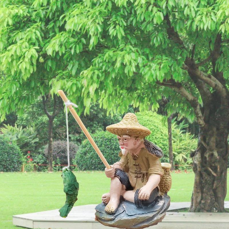 Fishing Old Man Resin Figure Statue Sitting Garden Aquarium Ornament Fisherman Scene Pool Micro-Landscape Bonsai Garden Craft