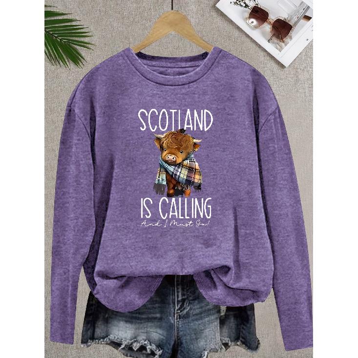 Fashionable and elegant animal-themed long-sleeve shirt with a round neck and a pattern of a calf surrounded by a plaid scarf T Women s tops for S фиолетовый