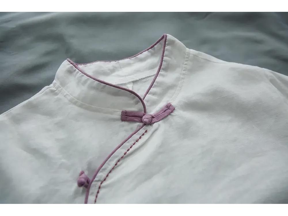Chinese-Style Retro Cotton-Linen Mid-Sleeve Shirt with Stand-Up Collar and Embroidered Tea Service Design for Women.
