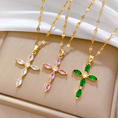 Women's Luxury Zircon Cross Pendant Jewelry Set with Stainless Steel Chain Party Birthday Necklace Earrings Fashion