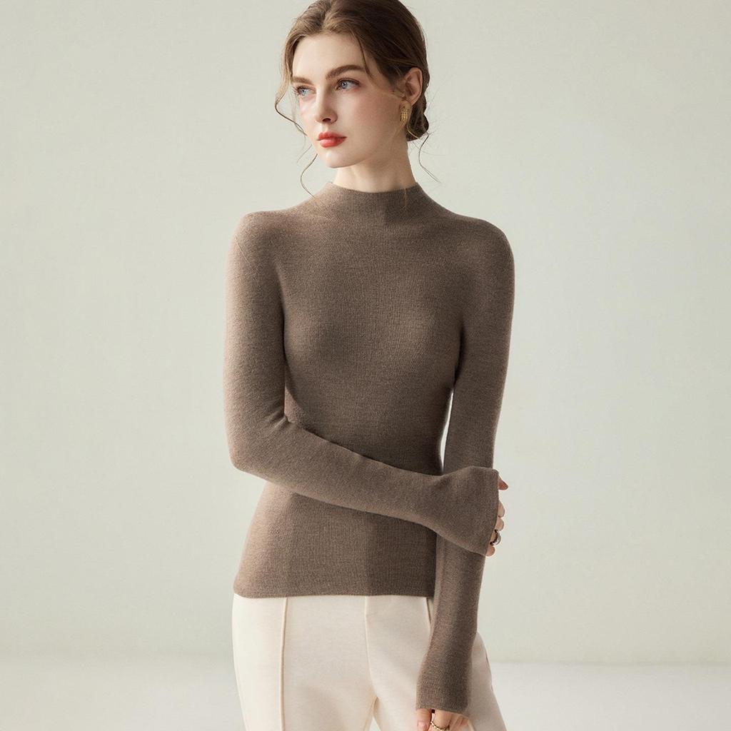 Women's Seamless 100% Wool Slim Fit Long-Sleeve Knitwear, Half-High Neck Base Layer - 2026 Style.