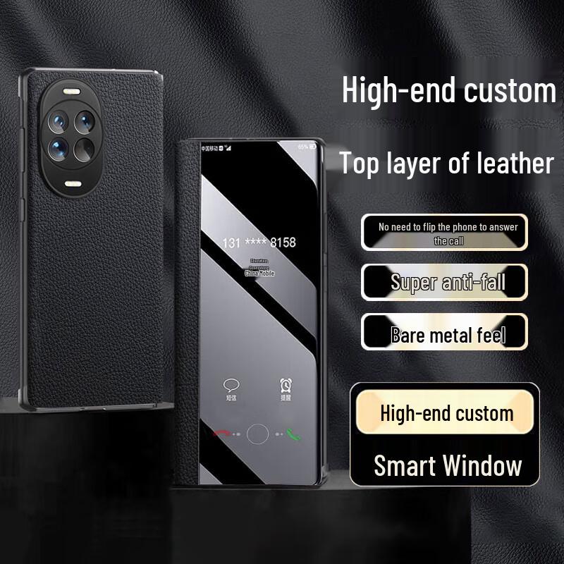 EDDGA Top Grain Leather Smart View Flip Phone Case for Huawei