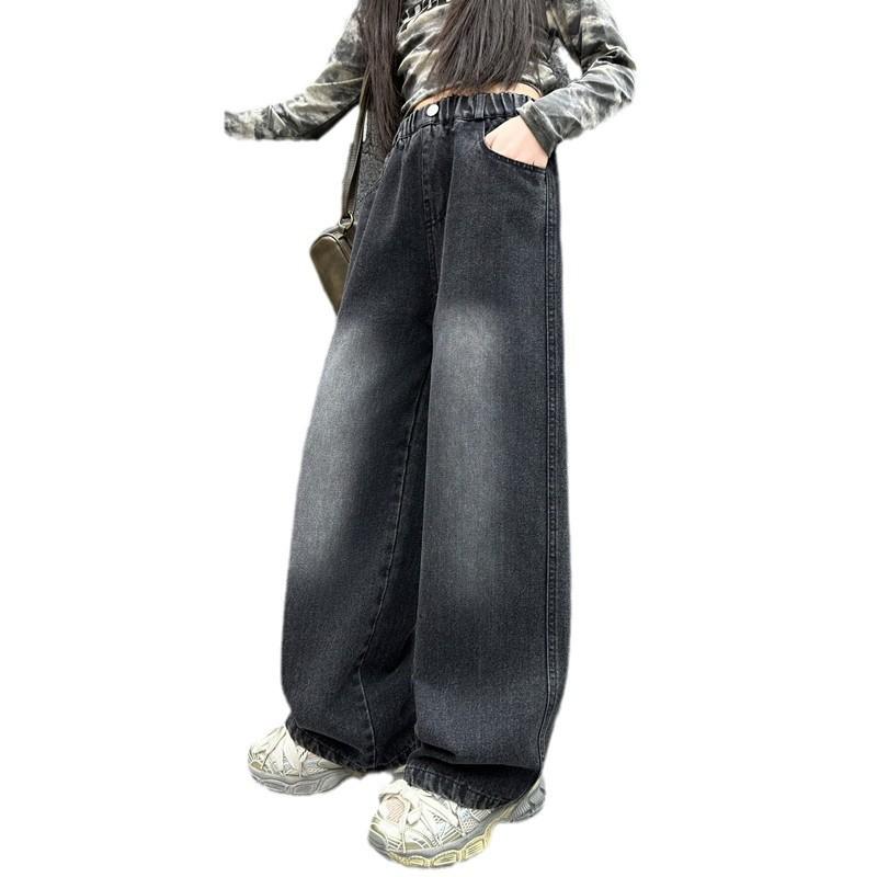Jeans Neri Dritti Vintage per Bambina Adolescente Pantaloni in Denim Sfumato Casual Moda Bambini Jeans Pantaloni 4-14Y