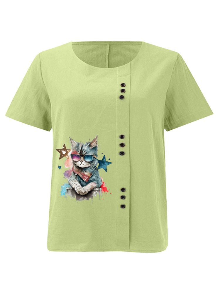 

Women s Fashion Cool Cat Print Shot Sleeve T-shirt Loose Cotton Shirt Casual Loose Summer Blouse Tops Plus Size 5XL зелений