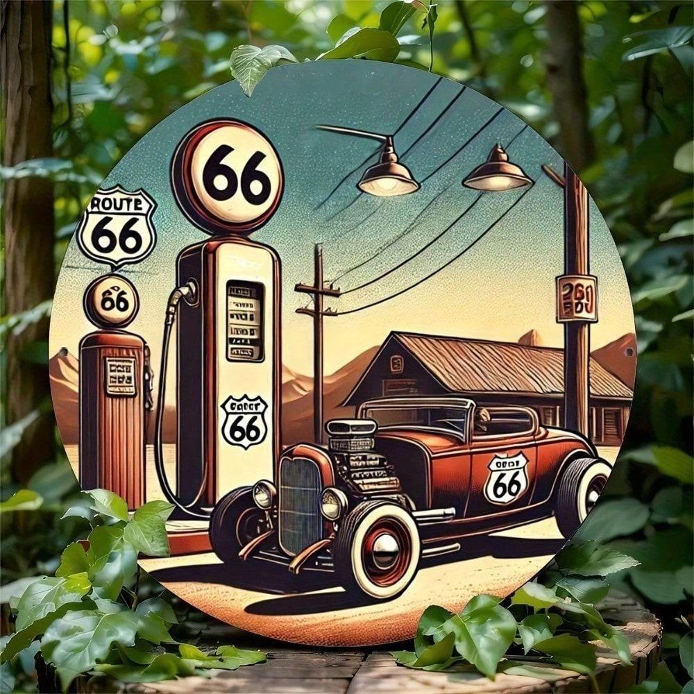 Round Metal Sign Retro Gas Station Route 66 Wall Art Garage Decor