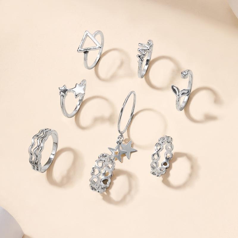 Jewelry Alloy Love Ring Set Diamond Fish Tail Ring Personalized Star Stacked Ring