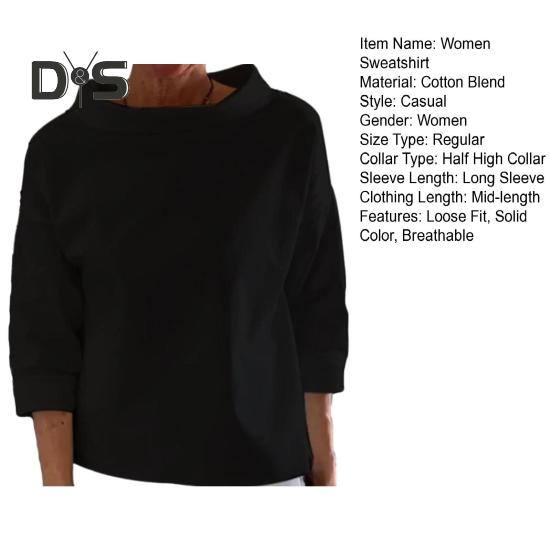 Dámské jaro podzim jednobarevná mikina poloviční vysoký límec dlouhý rukáv volný střih triko streetwear