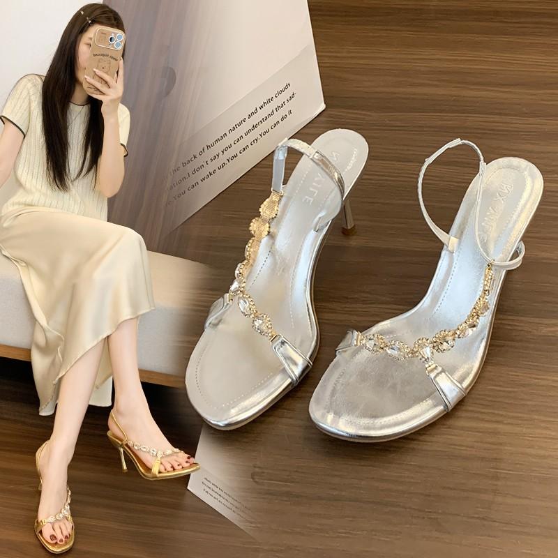 Fashion Summer New Square Head Gold Gem Rhinestone High Heels Women's Thin Heels Sexy Dating Word with Sandals Heels Women
