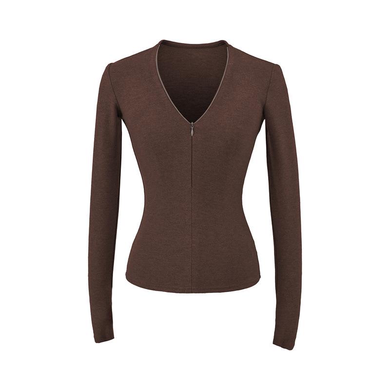 Chic French V-Neck Zipper Long Sleeve Slim Fit T-Shirt for Women, Autumn/Winter High-End Style.