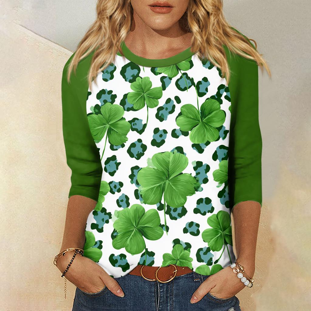 Women's St. Patrick's Day Print Round Neck Three-Quarter Sleeve Top