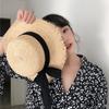 Broken edge bow strap straw hat children raffia flat top fresh seaside sunshade sun protection beach hat