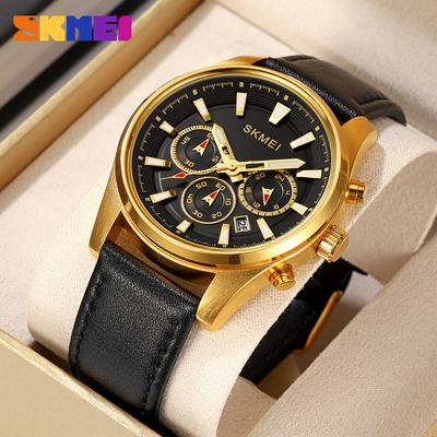 Watch Men's Quartz Watch Waterproof Leather Strap Fashion Three Eyes Round Large Dial Watch