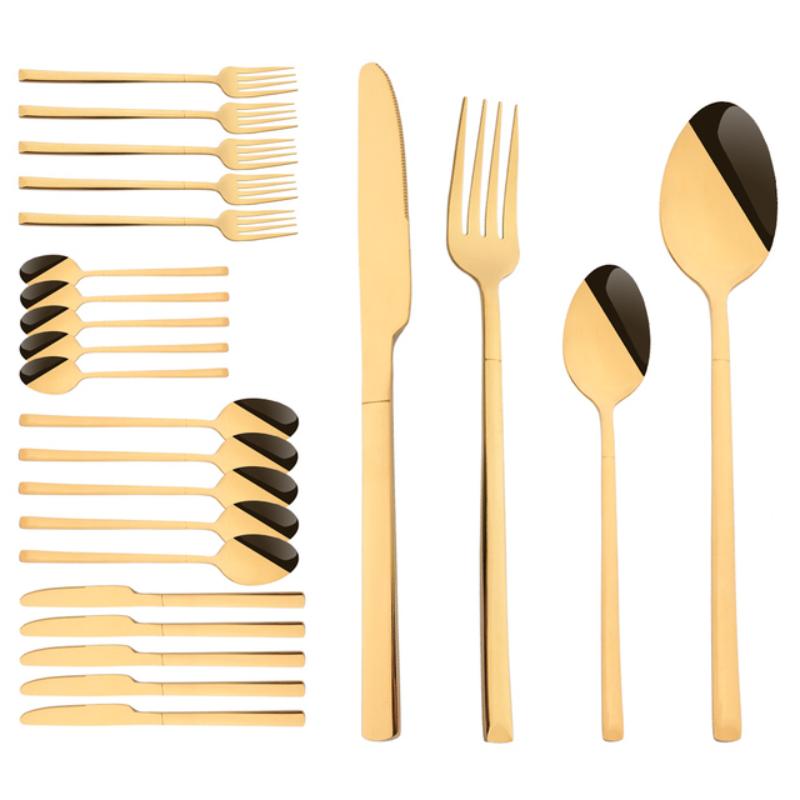 24 ks Moderní jídelní sada Nerezová sada nádobí Modrá Zlatá Nůž Vidlička Lžíce Čajová lžička Kuchyňská sada příborů