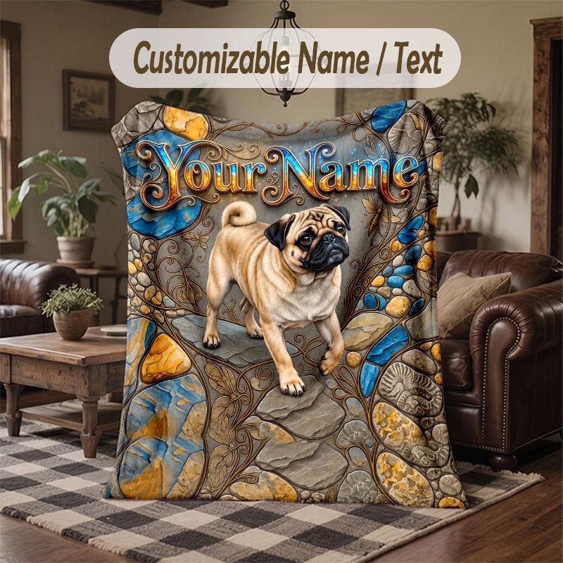 Pug Theme Throw Blanket Custom Name Text Personalized Blanket Soft Cozy Blanket for Home Sofa Bed