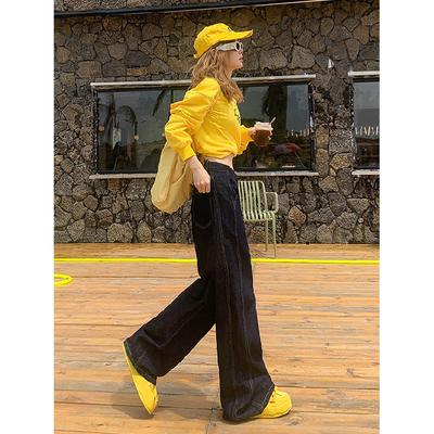 Autumn And Winter Velvet Thickened/Regular Drape Retro Wide Leg Jeans New High Waisted Straight Leg Mop Pants