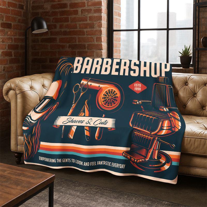 Vintage Barber Shop Logo Cartoon Flannel Blanket Soft Warm Throw Blanket for Bedroom Living Room Bed Travel Camping Picnic Gift