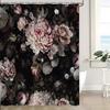 Vintage Floral Shower Curtain Black Boho Floral Watercolor Flowers Blossom Rustic Rose Peony Botanical Modern Art Bath Curtain