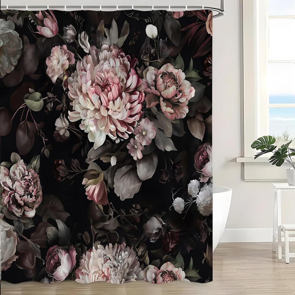 Vintage Květinový Sprchový Závěs Černý Boho Květinový Akvarelové Květiny Kvetoucí Rustikální Růže Pivoňka Botanický Moderní Umění Koupelnový Závěs