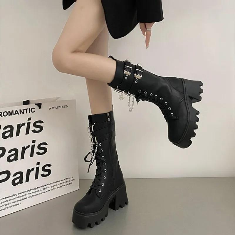 Fashion Women's Punk Gothic Boots Fashion Buckle Chain High Heels Mid Calf Boots Women Black Pu Leather Plus Size 42 Autumn Botas