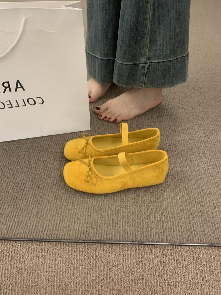 French Flat Bottom Square Head Bow Dopamine Flat Bottom Mary Jane Not Tired Feet Soft Bottom Suede Ballet Single Shoes Women