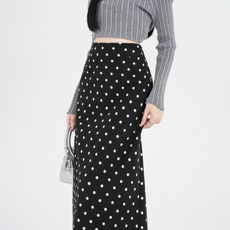 

Women s Gray Polka Dot Wool Midi Skirt - Elastic High Waist, Spring/Summer Slimming Bodycon with Slit S чёрный