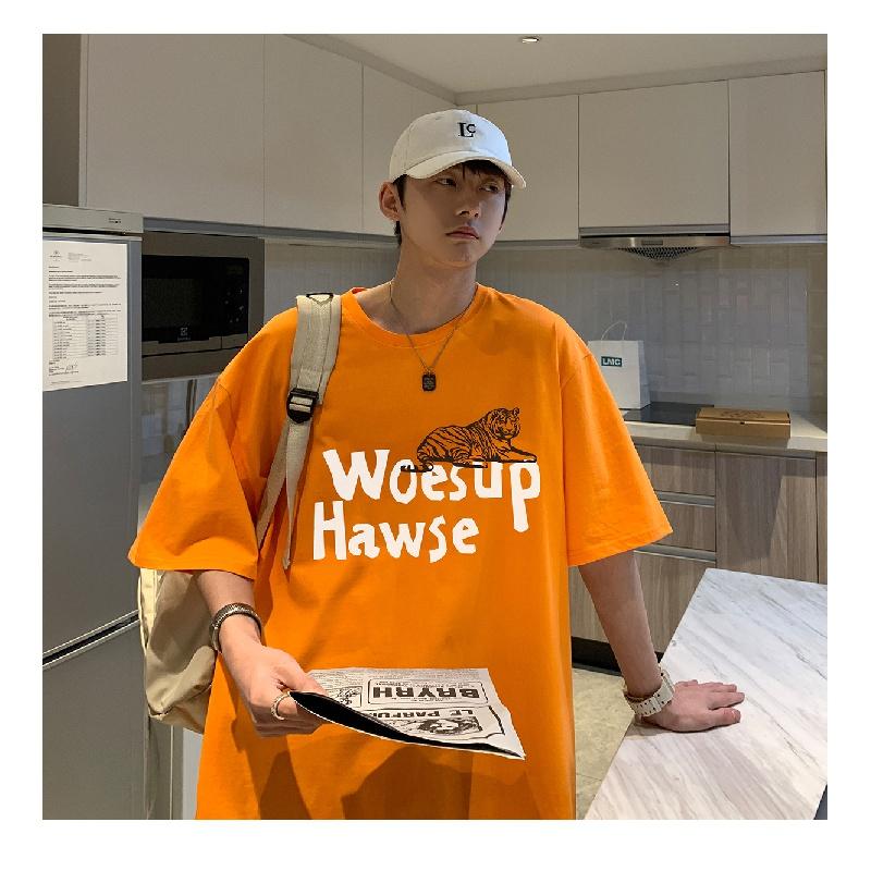 

Мужские футболки с коротким рукавом с буквенным графическим принтом и половиной рукава Футболка-пуловер Повседневная футболка Мужская корейская повседневная футболка с круглым вырезом в стиле ретро 5XL оранжевый