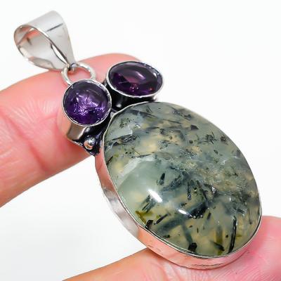 Φυσικό Πρεχνίτης, Αμέθυστος Λίθος 925 Ασήμι 925 Κρεμαστό 2.29" t5K80