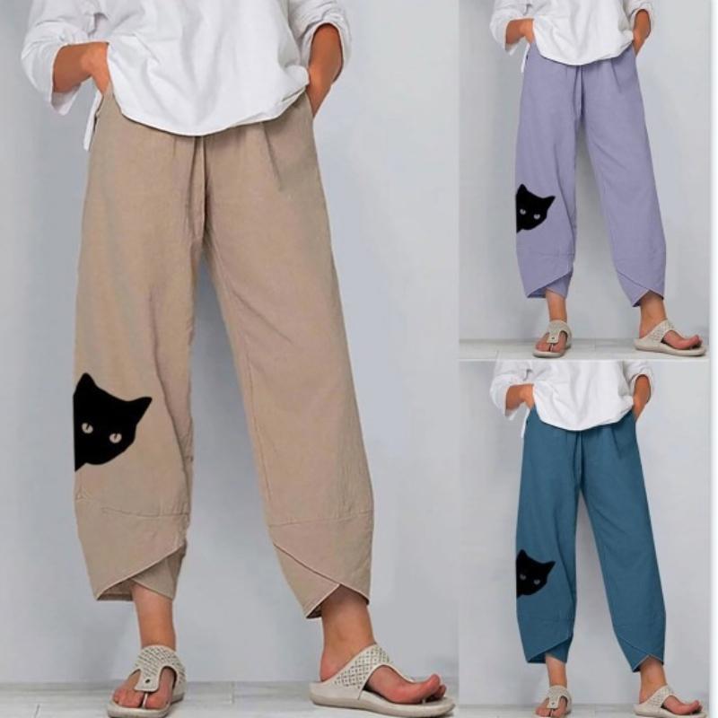 Pantaloni da Donna Elasticizzati in Vita con Stampa Animalier e Motivo Gatto, Pantaloni Casual, Pantaloni a Nove Quarti
