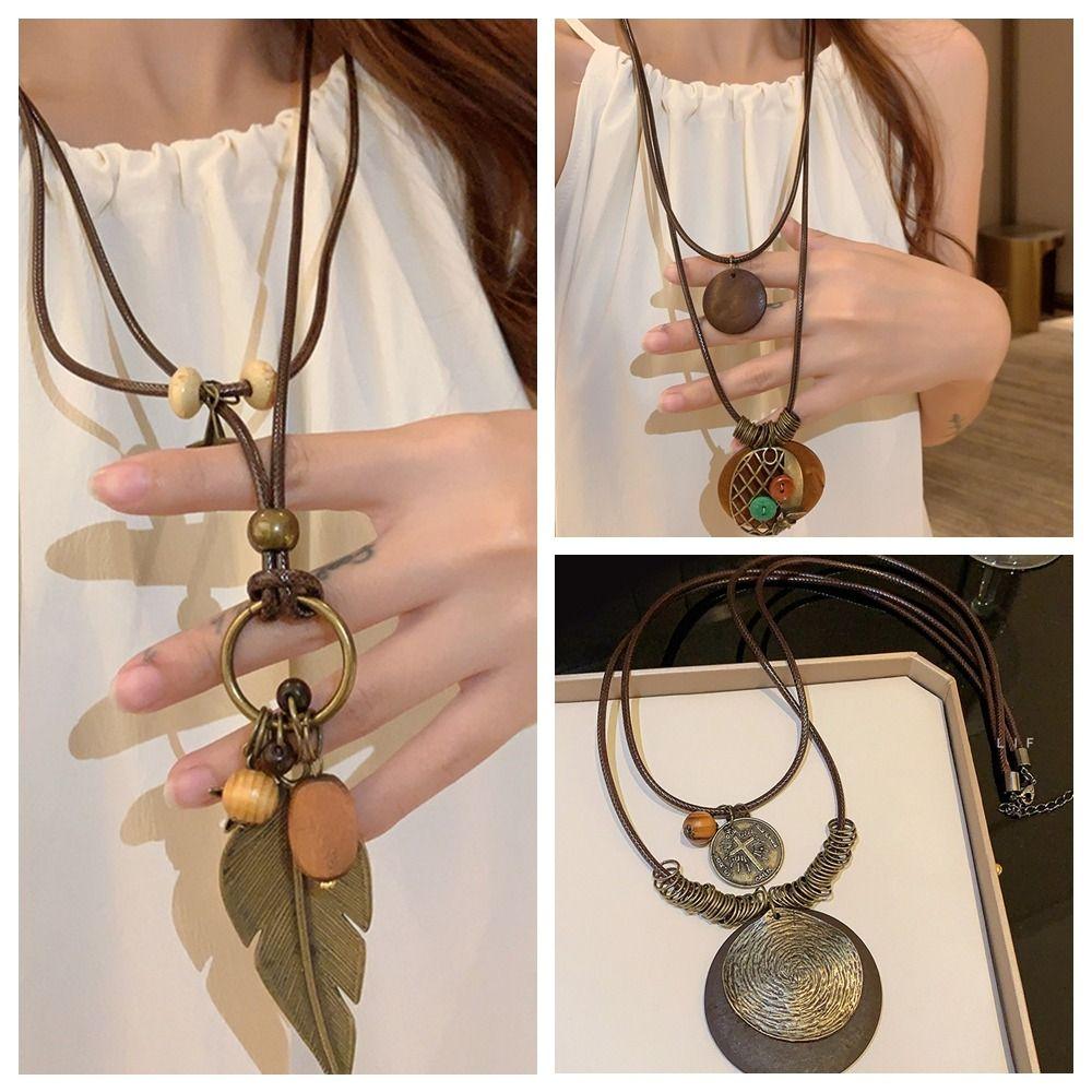 Tassel Ethnic Style Wooden Necklace Wood Bohemian Style Necklace Sweet Long Sweater Chain  Gift