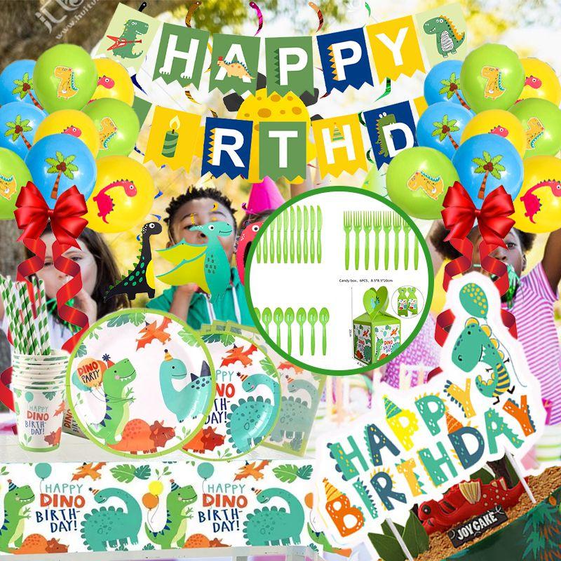 Party Cartoon Dinosaur Birthday Supplies Tableware Plates Cups Tablecloth Banner