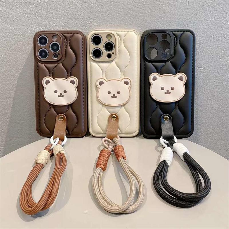 Cute Bear Wristband Lanyard Down Jacket Phone Case For iPhone 15 14 13 12 11 Pro Max Korea Soft Cover