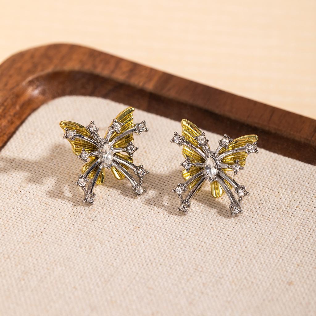 Korean Temperament Yellow Diamond-Encrusted Butterfly Stud Earrings Niche Sweet Small Fresh Earrings Women'S Light Luxury High-End Earrings