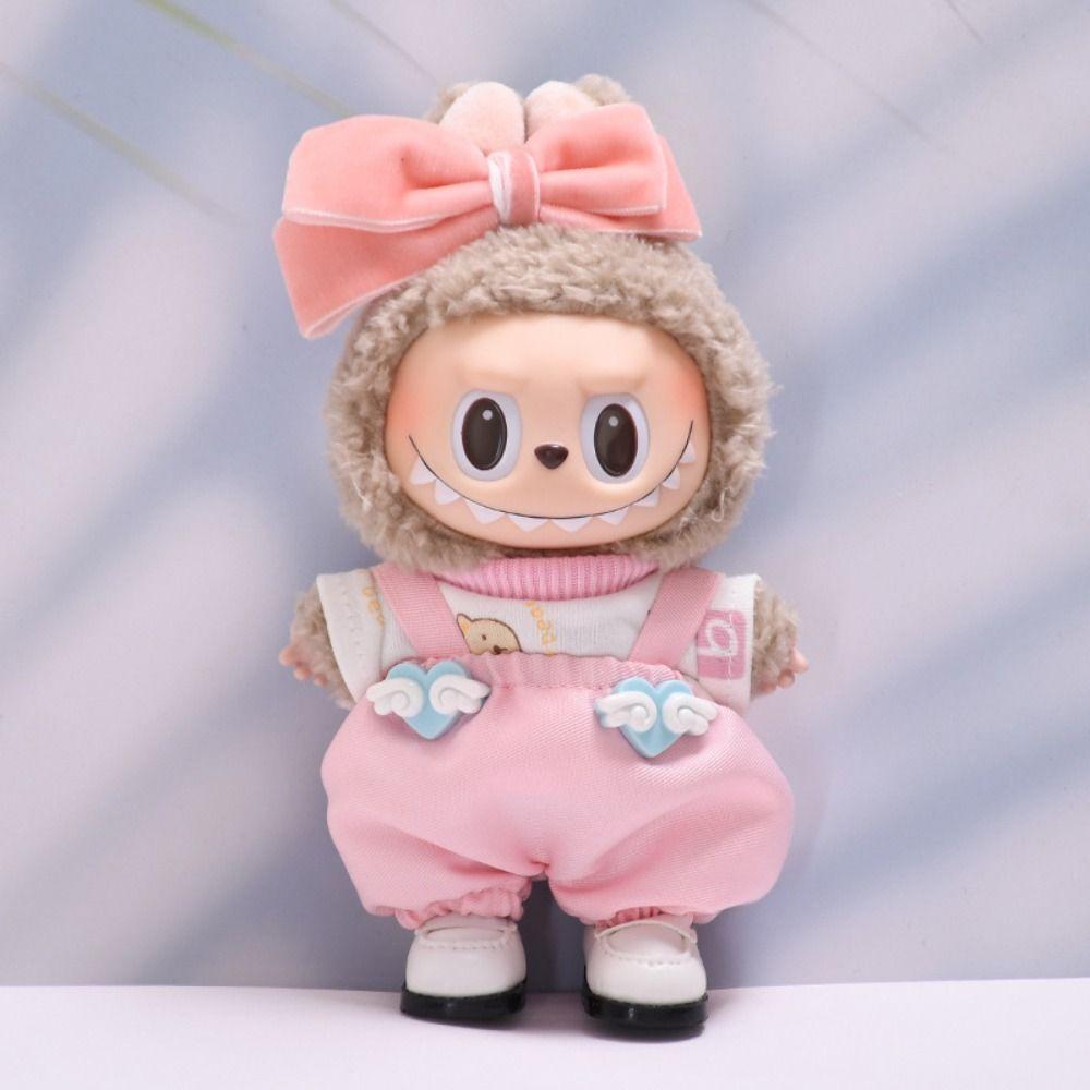 

Bowknot Sitting Labubu Time Cloth Pink Overalls 17cm Plush Dolls Clothes Children Gift Style 1